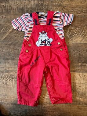 Vintage Red Hippo Appliqué Overalls with Striped Tee - Kids